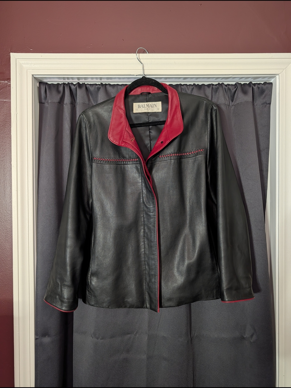 Balmain VTG Black Leather Jacket with Red Trim Collar By Christophe Decarnin